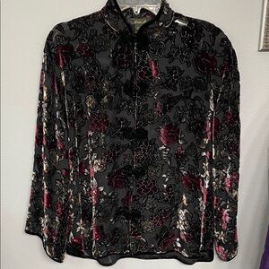 Elegant Asian Inspired Floral Velvet Burnout Blouse in Black and Burgendy